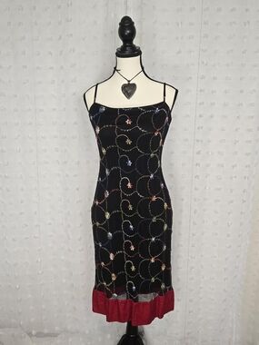 Vintage Black Spaghetti-Strap Midi Dress with Multicolor Embroidery and Red Hem